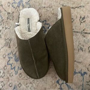 Minnetonka Olive Suede Shearling-Lined Slip-On Slippers